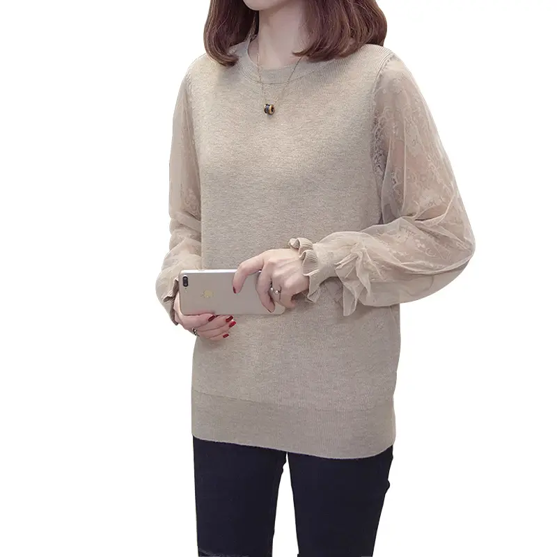 Women's Lace Sleeve Pullover Sweater Large Size