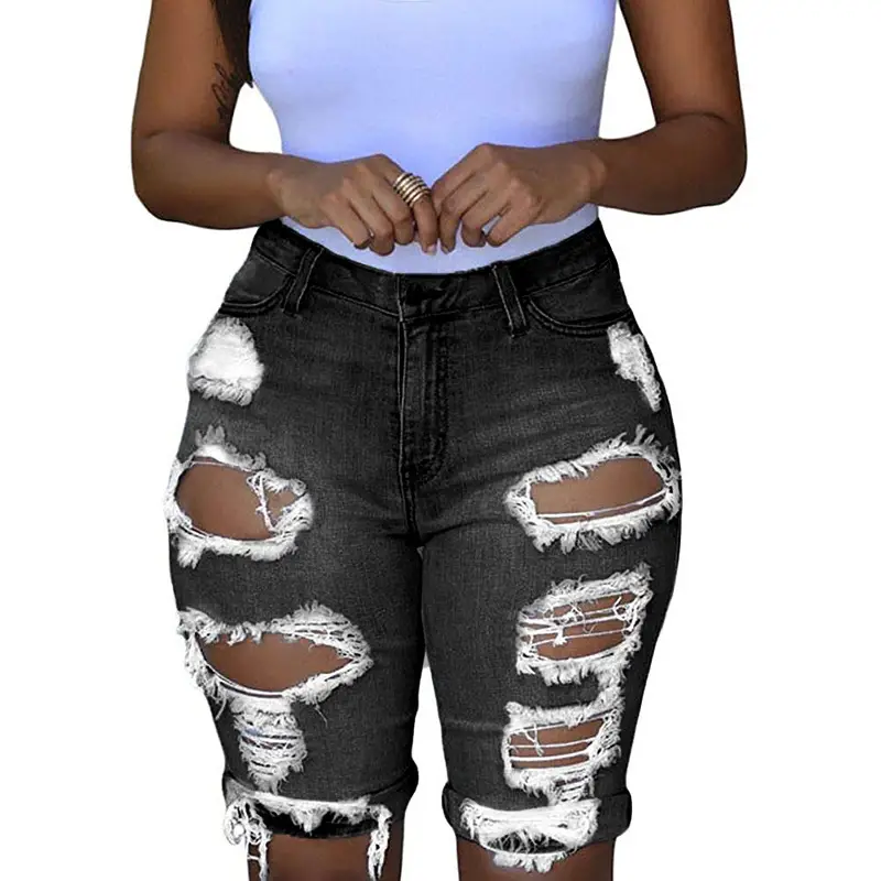 Ripped Denim Shorts Women High Waist Blue
