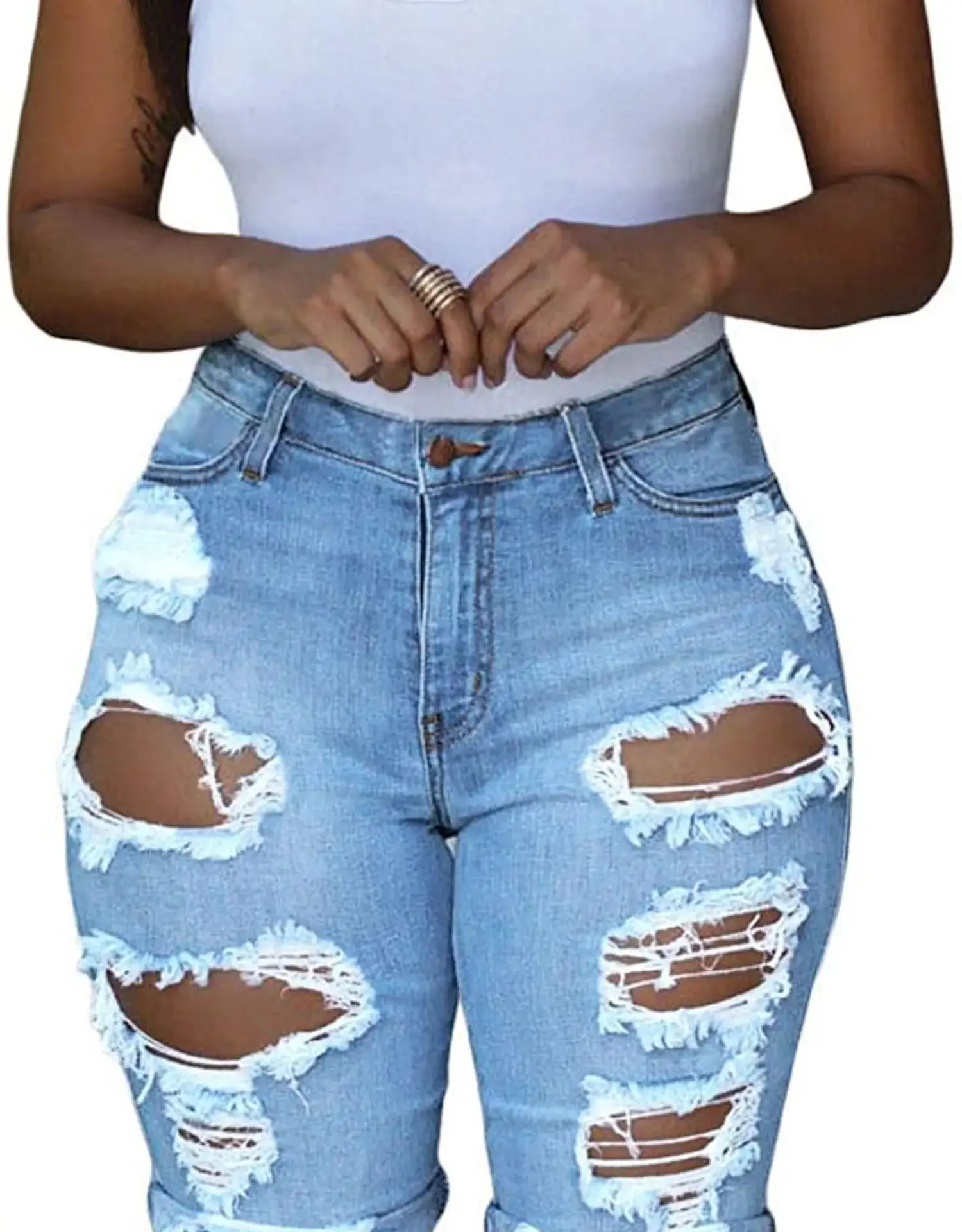 Ripped Denim Shorts Women High Waist Blue — feature 2
