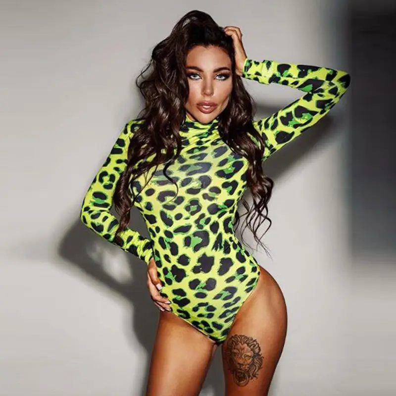 Green Leopard Print Long Sleeve Jumpsuit for Women