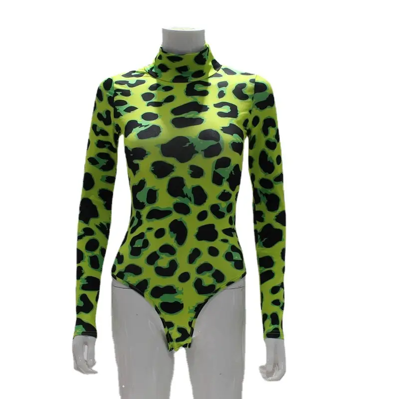 Green Leopard Print Long Sleeve Jumpsuit for Women