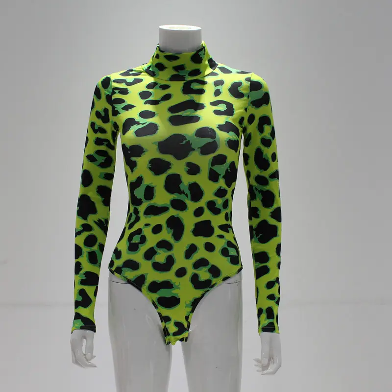 Green Leopard Print Long Sleeve Jumpsuit for Women — feature 10