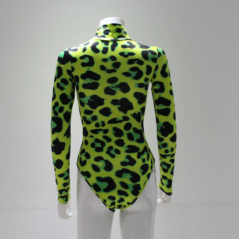 Green Leopard Print Long Sleeve Jumpsuit for Women — feature 12