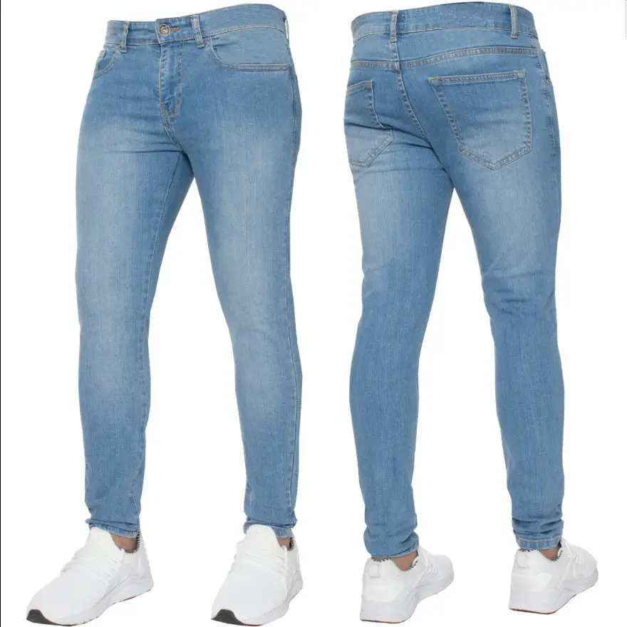 Men's Tight Fit Stretch Jeans Blue Light White Casual - Image 2