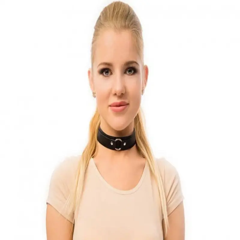 Black Leather Collar with Embroidered Detail for Women