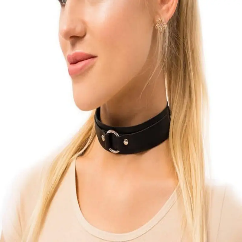 Black Leather Collar with Embroidered Detail for Women