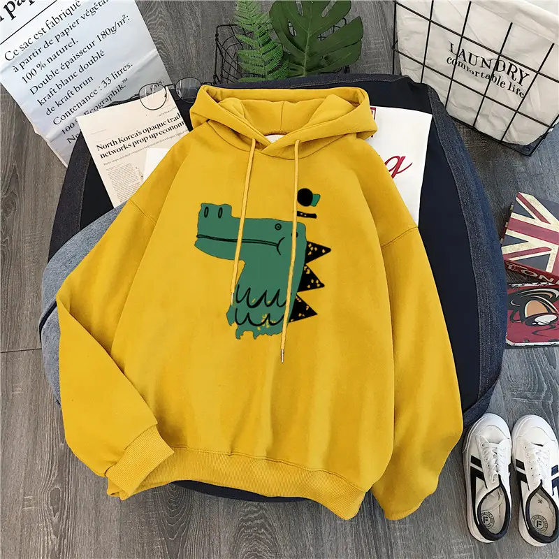 Women Fleece Hoodie Black Green Dinosaur Print — feature 11