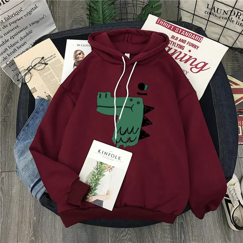 Women Fleece Hoodie Black Green Dinosaur Print — feature 12