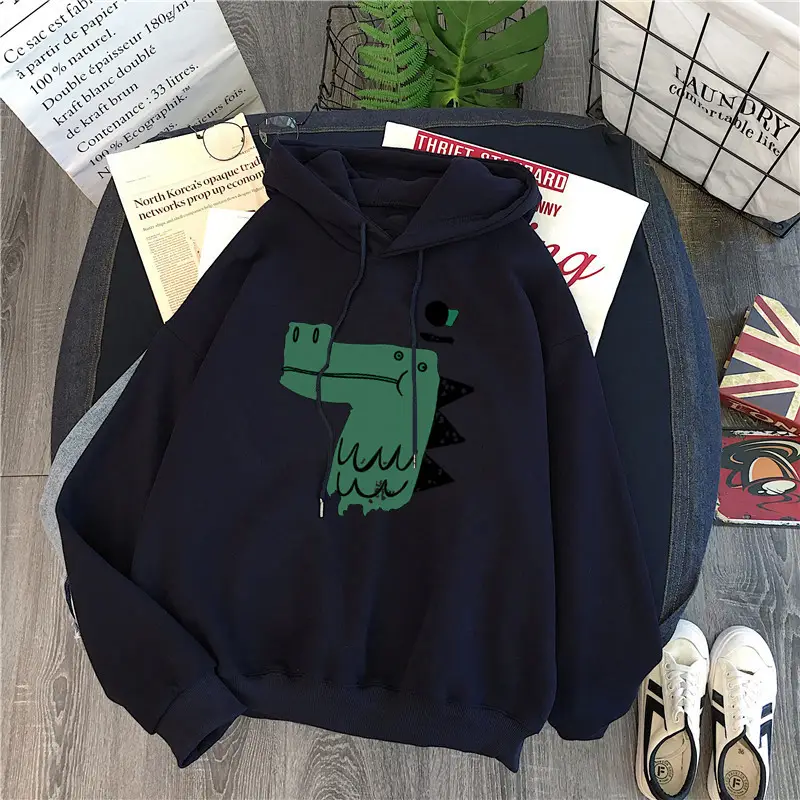 Women Fleece Hoodie Black Green Dinosaur Print — feature 13