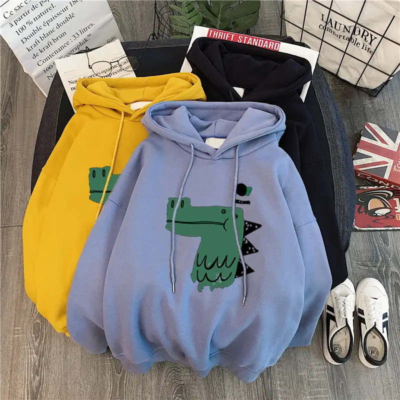 Women Fleece Hoodie Black Green Dinosaur Print — feature 3
