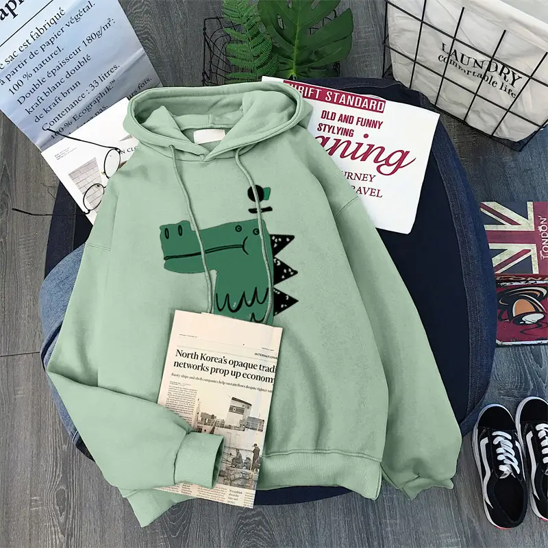 Women Fleece Hoodie Black Green Dinosaur Print — feature 4