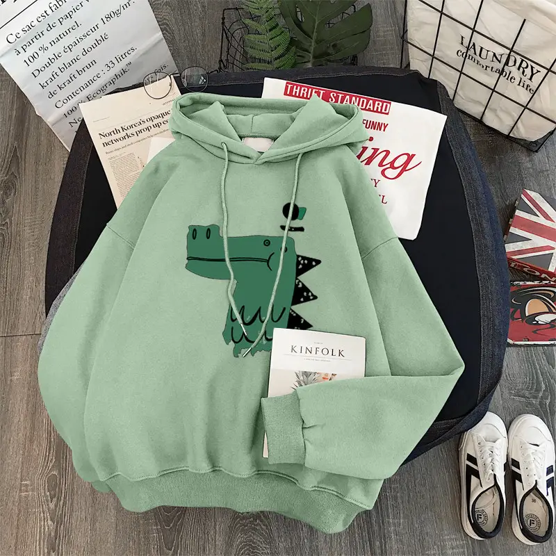 Women Fleece Hoodie Black Green Dinosaur Print — feature 5
