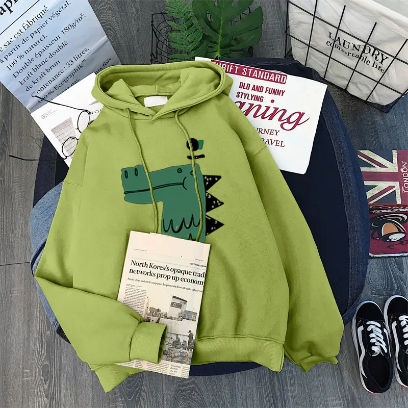 Women Fleece Hoodie Black Green Dinosaur Print — feature 6