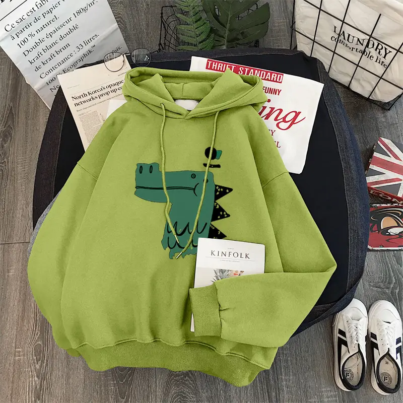 Women Fleece Hoodie Black Green Dinosaur Print — feature 7