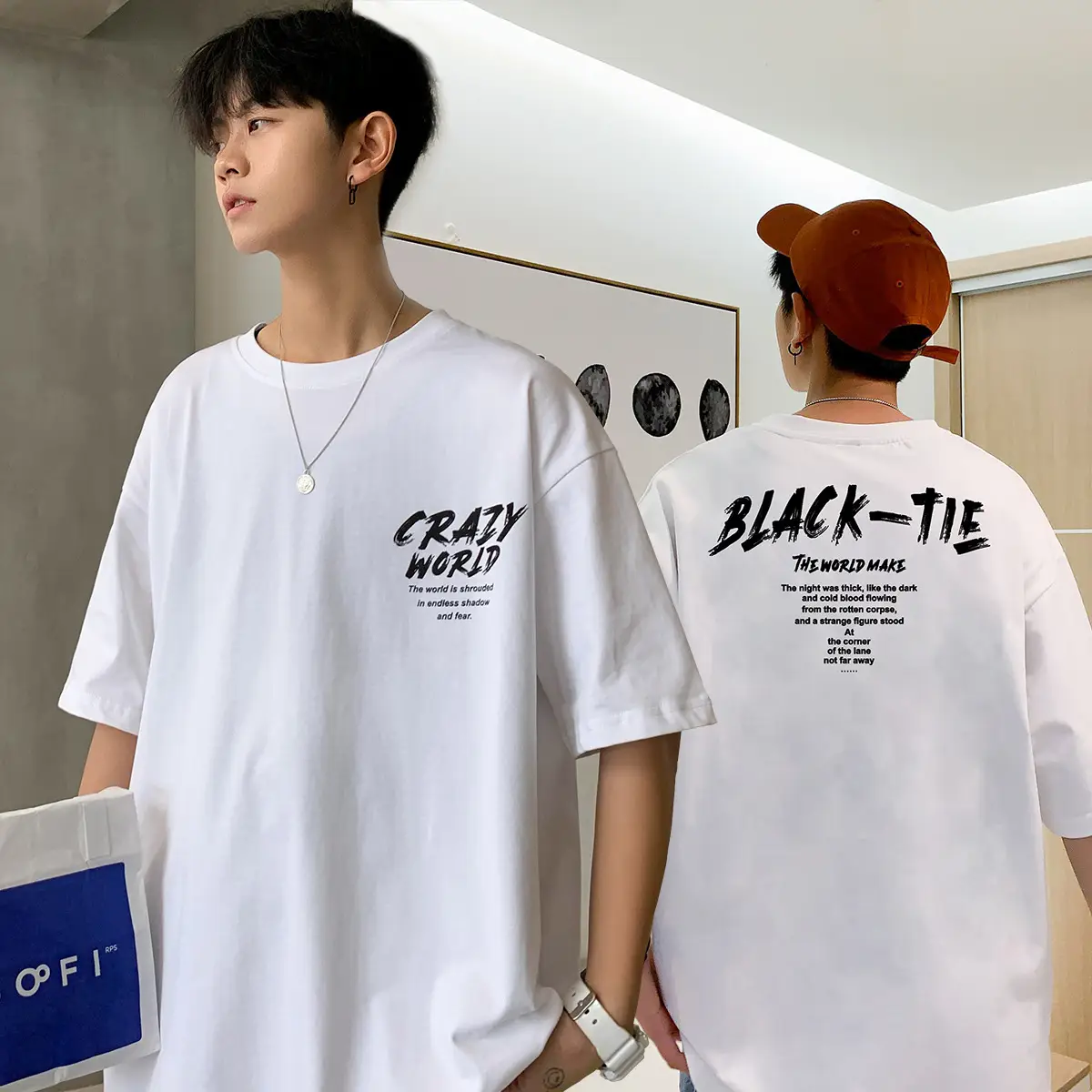 Men White Cotton T-Shirt Crazy World Black Tie Print - Image 5