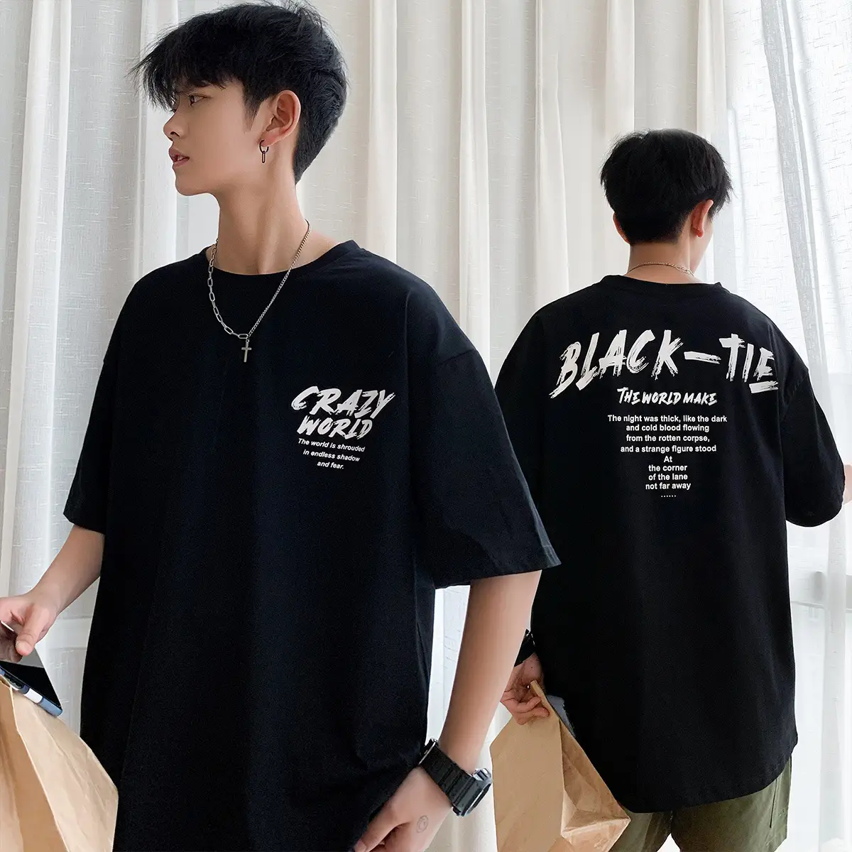 Men White Cotton T-Shirt Crazy World Black Tie Print - Image 3