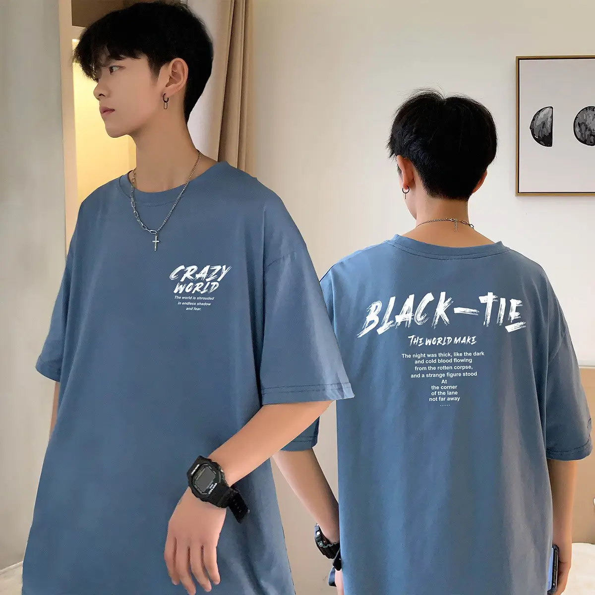 Men White Cotton T-Shirt Crazy World Black Tie Print - Image 4