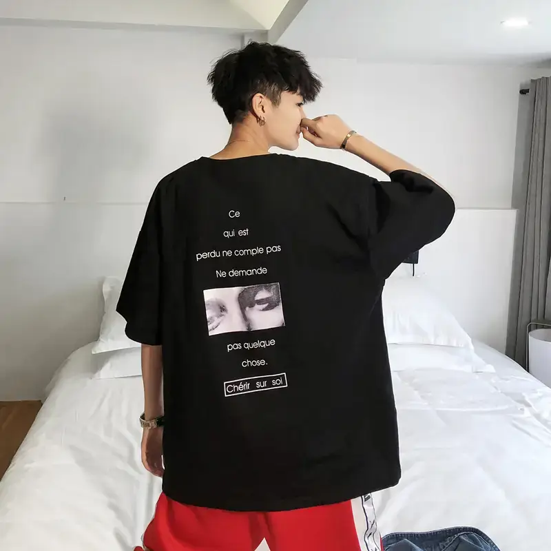Men Black Graphic T-Shirt 7-Point Print Loose Fit - Image 7