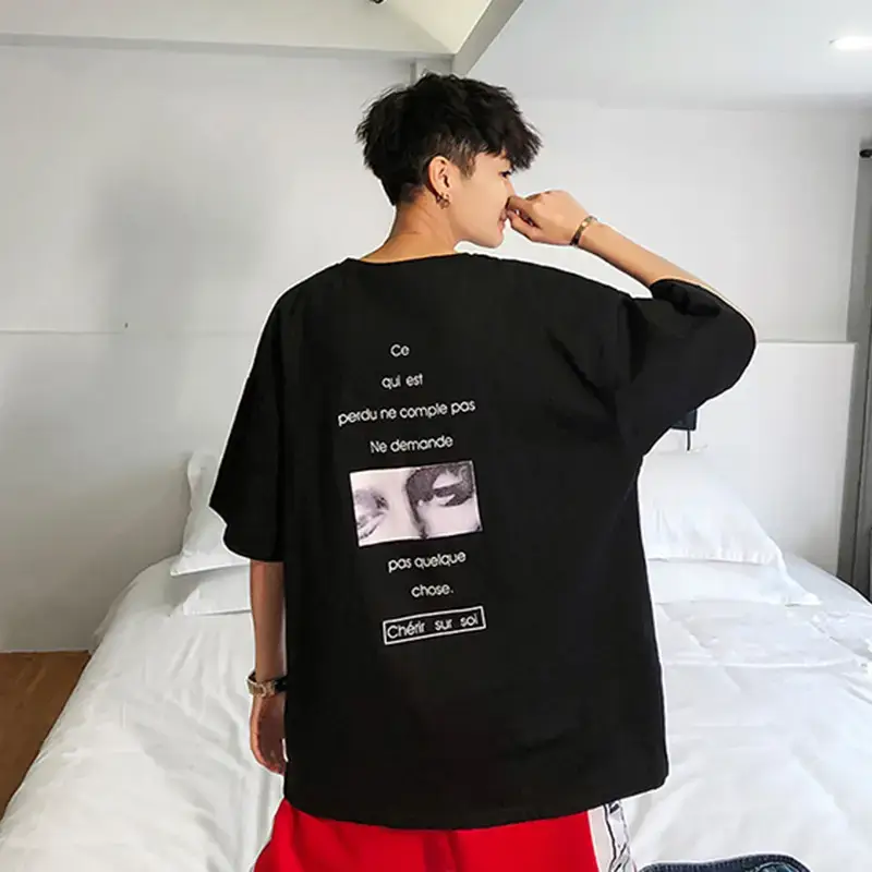Men Black Graphic T-Shirt 7-Point Print Loose Fit - Image 4