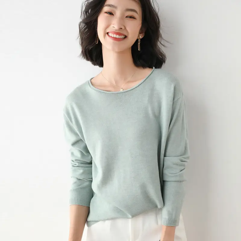 Women's Blue Knitted Round Neck Sweater Loose Fit - Image 5