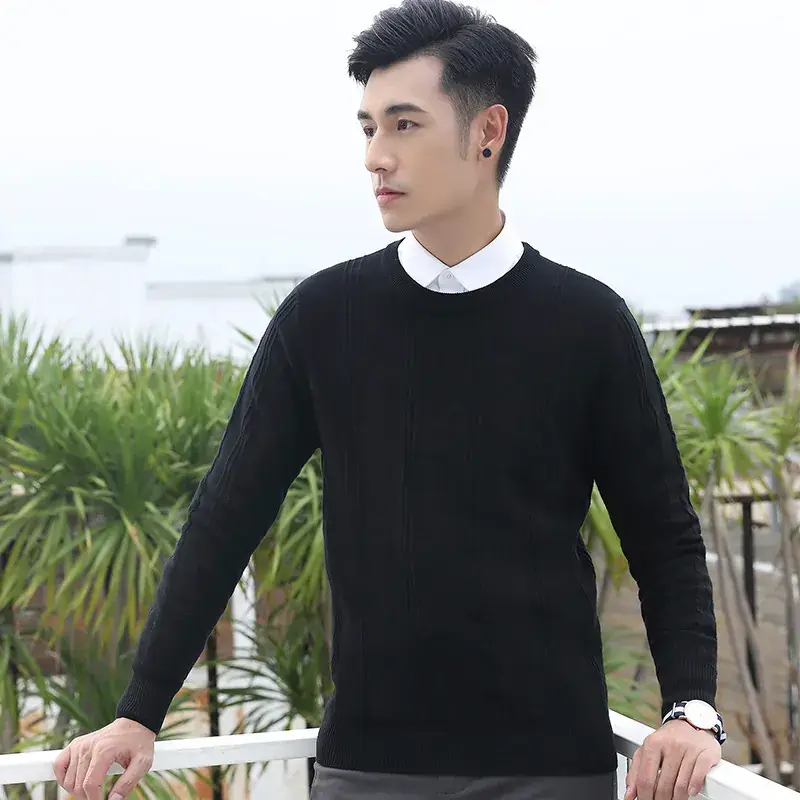 Men's Navy Blue Round Neck Jacquard Sweater Long Sleeve Slim Fit - Image 5