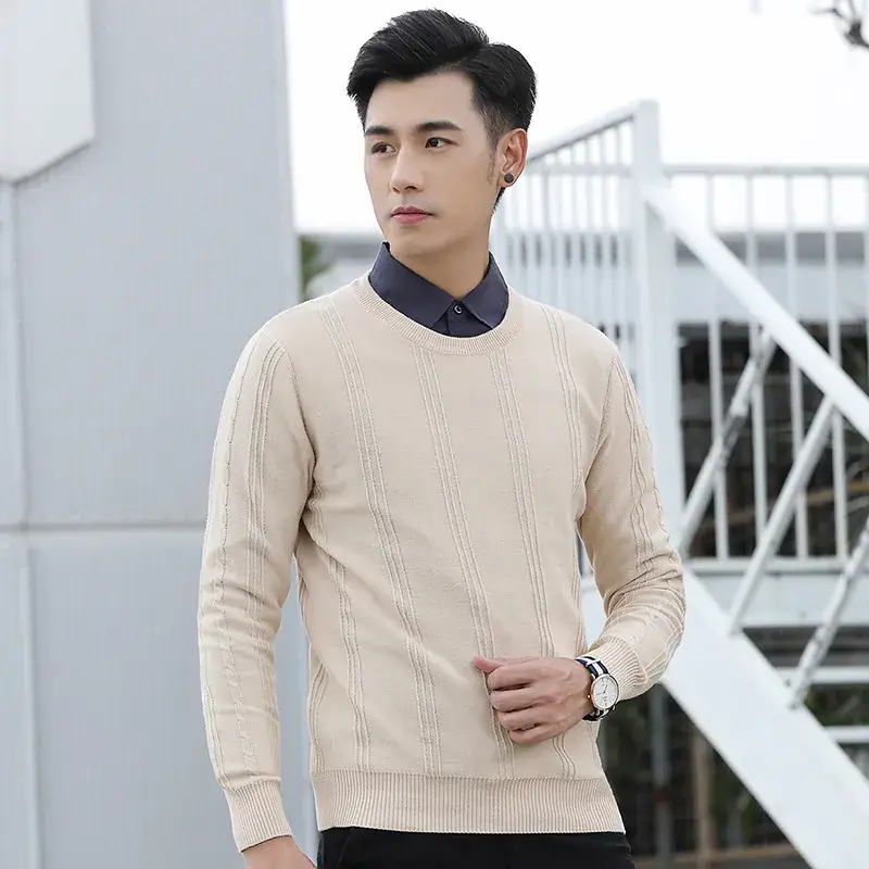 Men's Navy Blue Round Neck Jacquard Sweater Long Sleeve Slim Fit - Image 6
