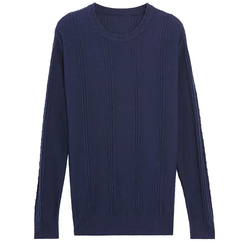 Men's Navy Blue Round Neck Jacquard Sweater Long Sleeve Slim Fit - Image 7