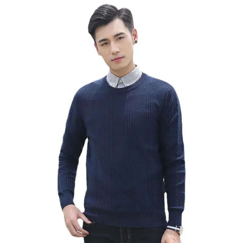 Men's Navy Blue Round Neck Jacquard Sweater Long Sleeve Slim Fit - Image 8