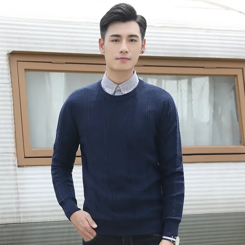 Men's Navy Blue Round Neck Jacquard Sweater Long Sleeve Slim Fit - Image 2