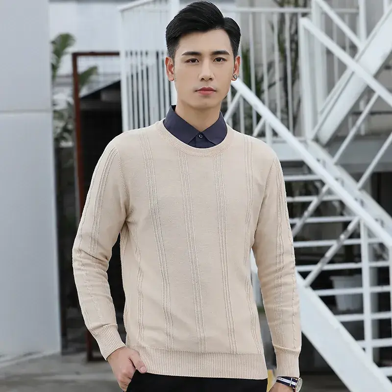 Men's Navy Blue Round Neck Jacquard Sweater Long Sleeve Slim Fit - Image 3