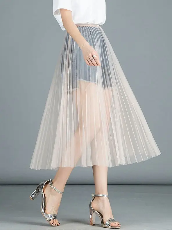 Pink Mesh Pleated Skirt Mid Length High Waist - Image 12