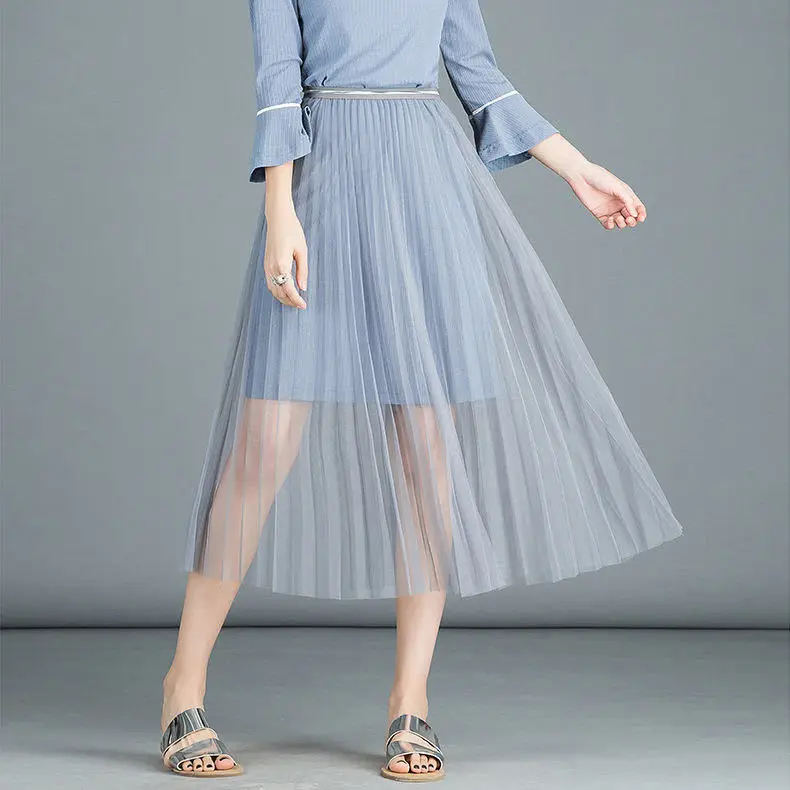 Pink Mesh Pleated Skirt Mid Length High Waist — feature 15