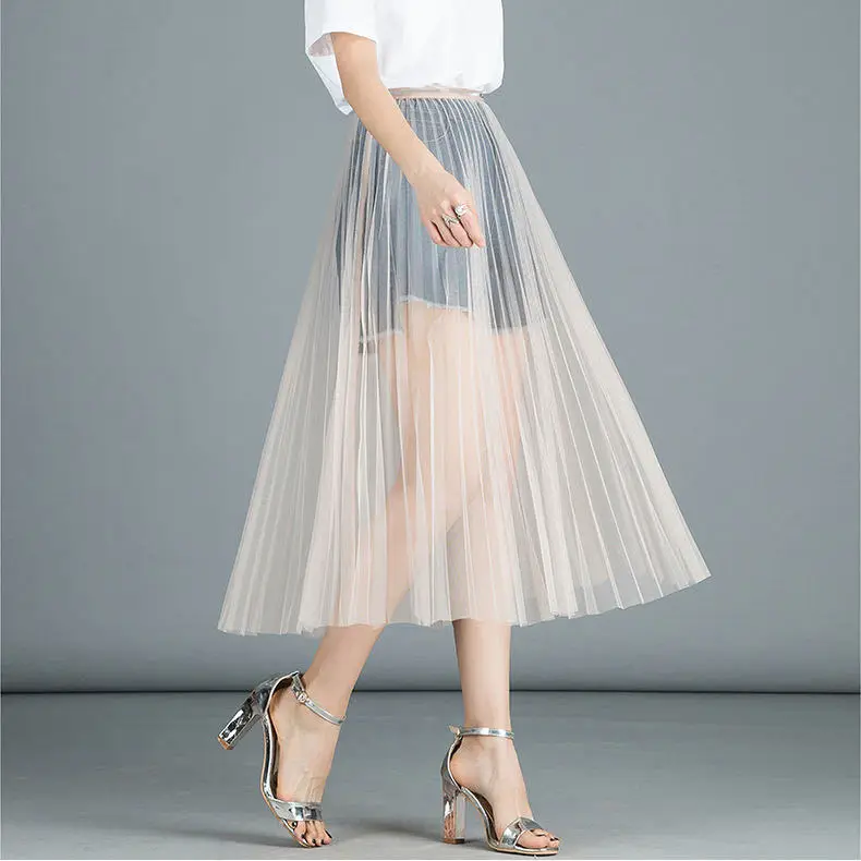 Pink Mesh Pleated Skirt Mid Length High Waist — feature 16