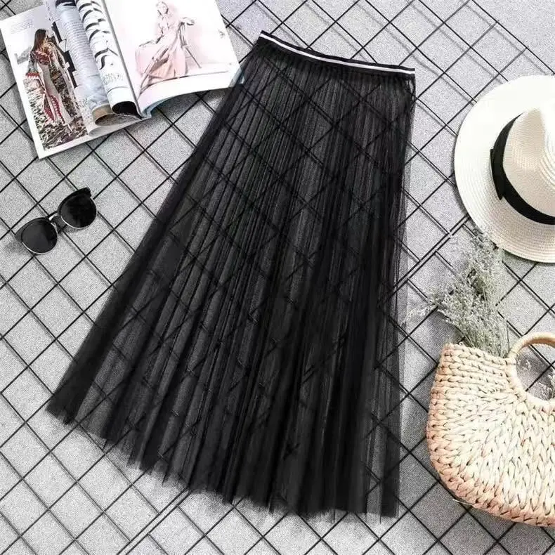 Pink Mesh Pleated Skirt Mid Length High Waist - Image 3
