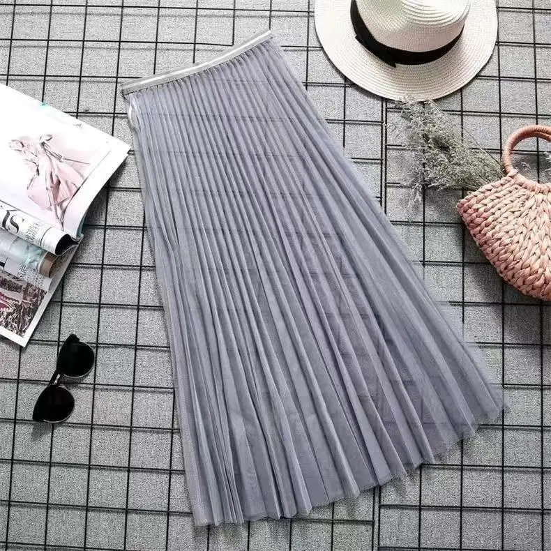 Pink Mesh Pleated Skirt Mid Length High Waist - Image 4