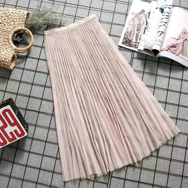 Pink Mesh Pleated Skirt Mid Length High Waist - Image 5