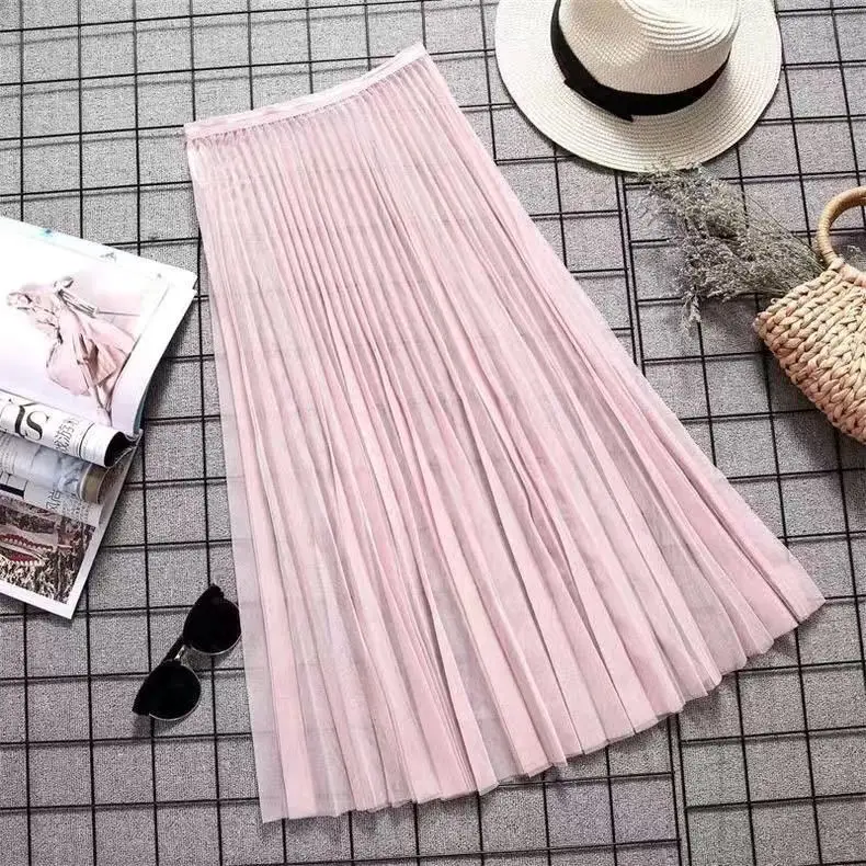Pink Mesh Pleated Skirt Mid Length High Waist - Image 6