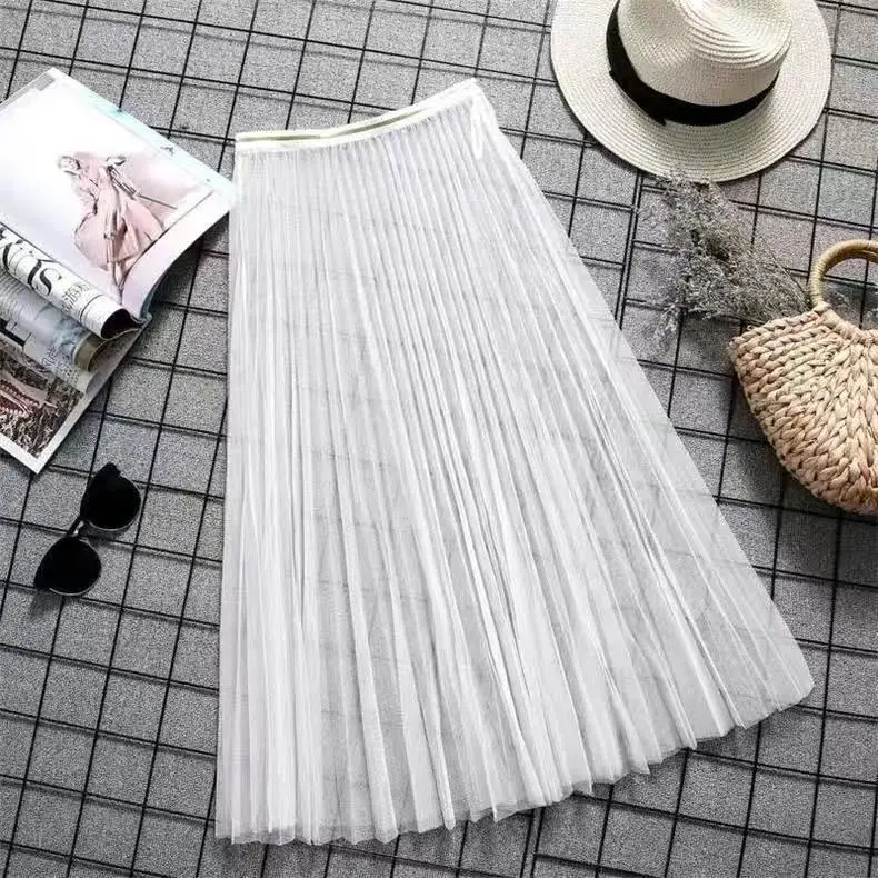Pink Mesh Pleated Skirt Mid Length High Waist - Image 7