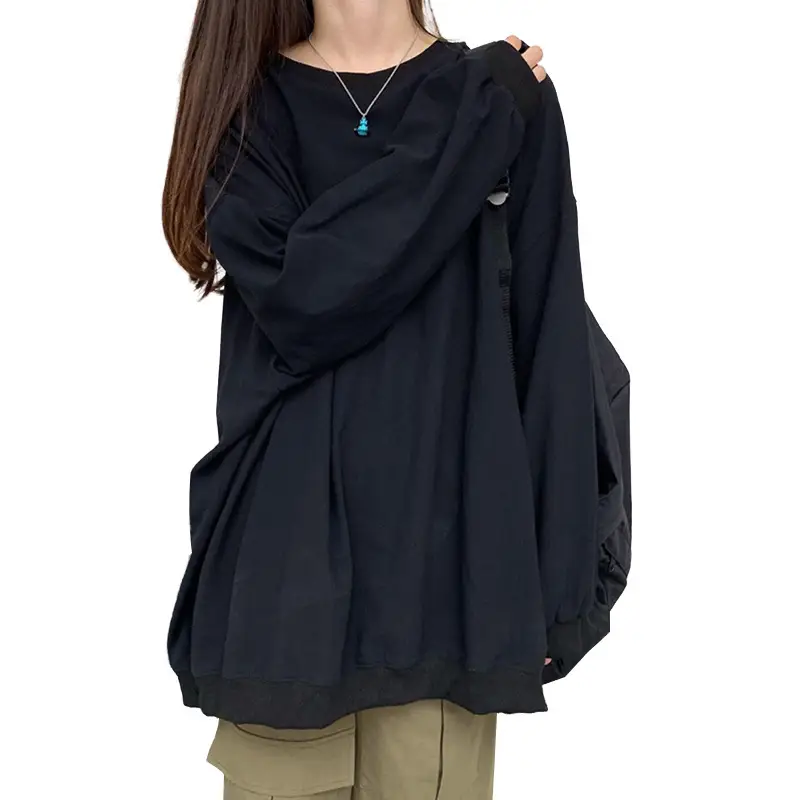 Women's Black Long Sleeve Sweatshirt Top with Backpack