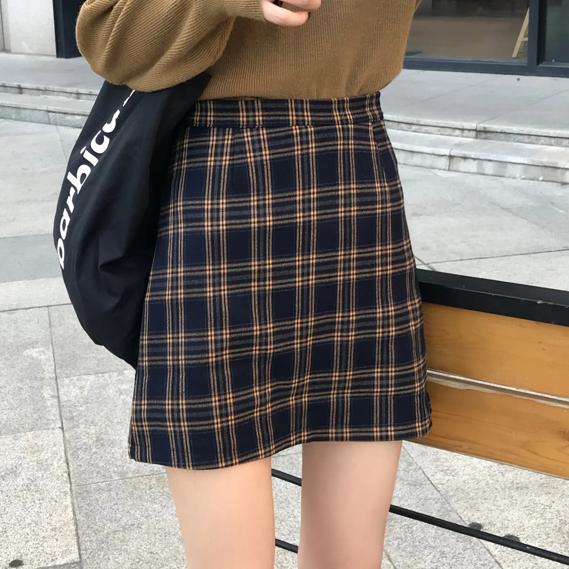Women Plaid Skirt Black A-Line Slimming Hip Ins - Image 4