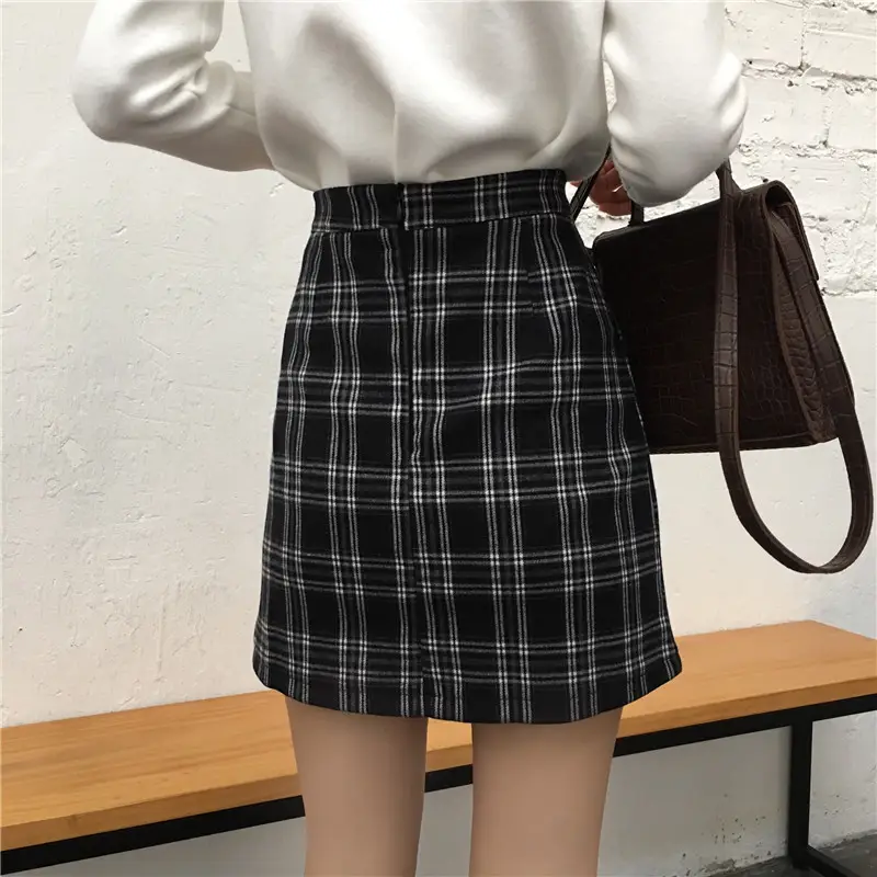 Women Plaid Skirt Black A-Line Slimming Hip Ins - Image 6