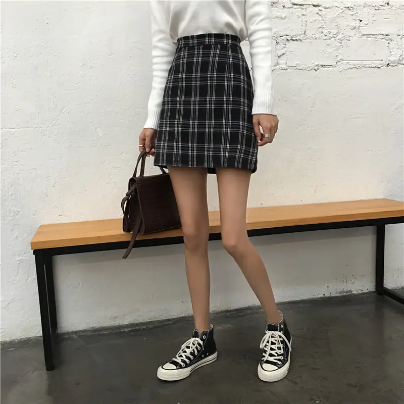 Women Plaid Skirt Black A-Line Slimming Hip Ins - Image 7