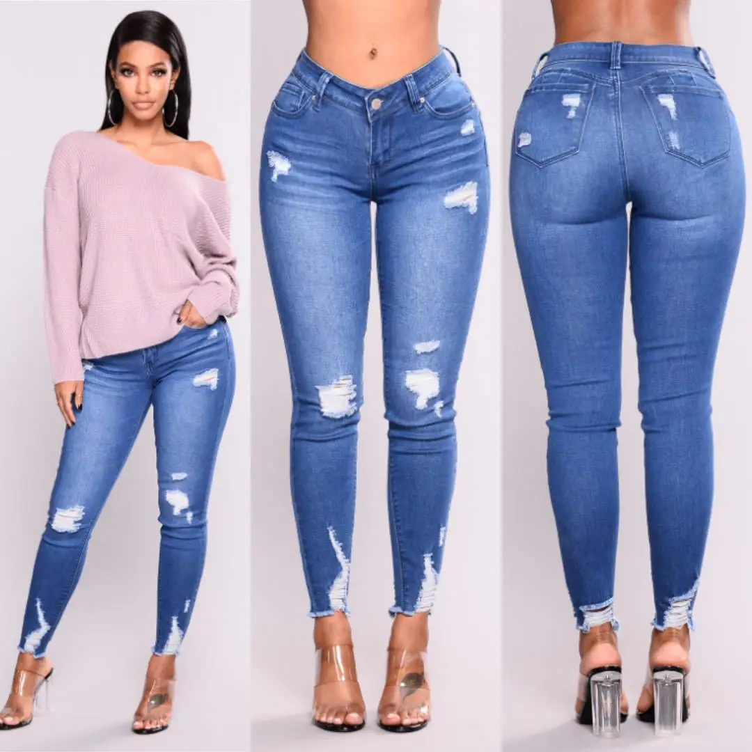 Women Stretch Ripped High Waist Jeans Blue — feature 3