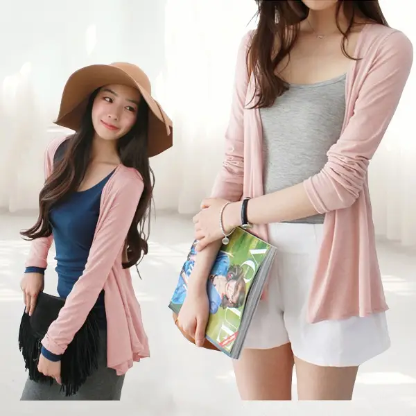 Women's Knit Cardigan Mid-Length Shawl Light Grey - Image 7