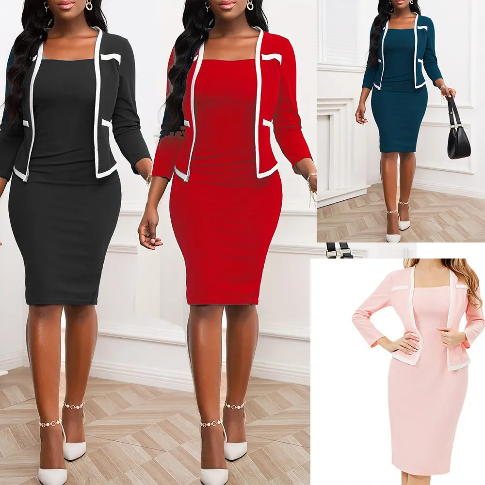 2025 Women's Black Spliced Hip-Cover Dress with 3-QS Sleeve
