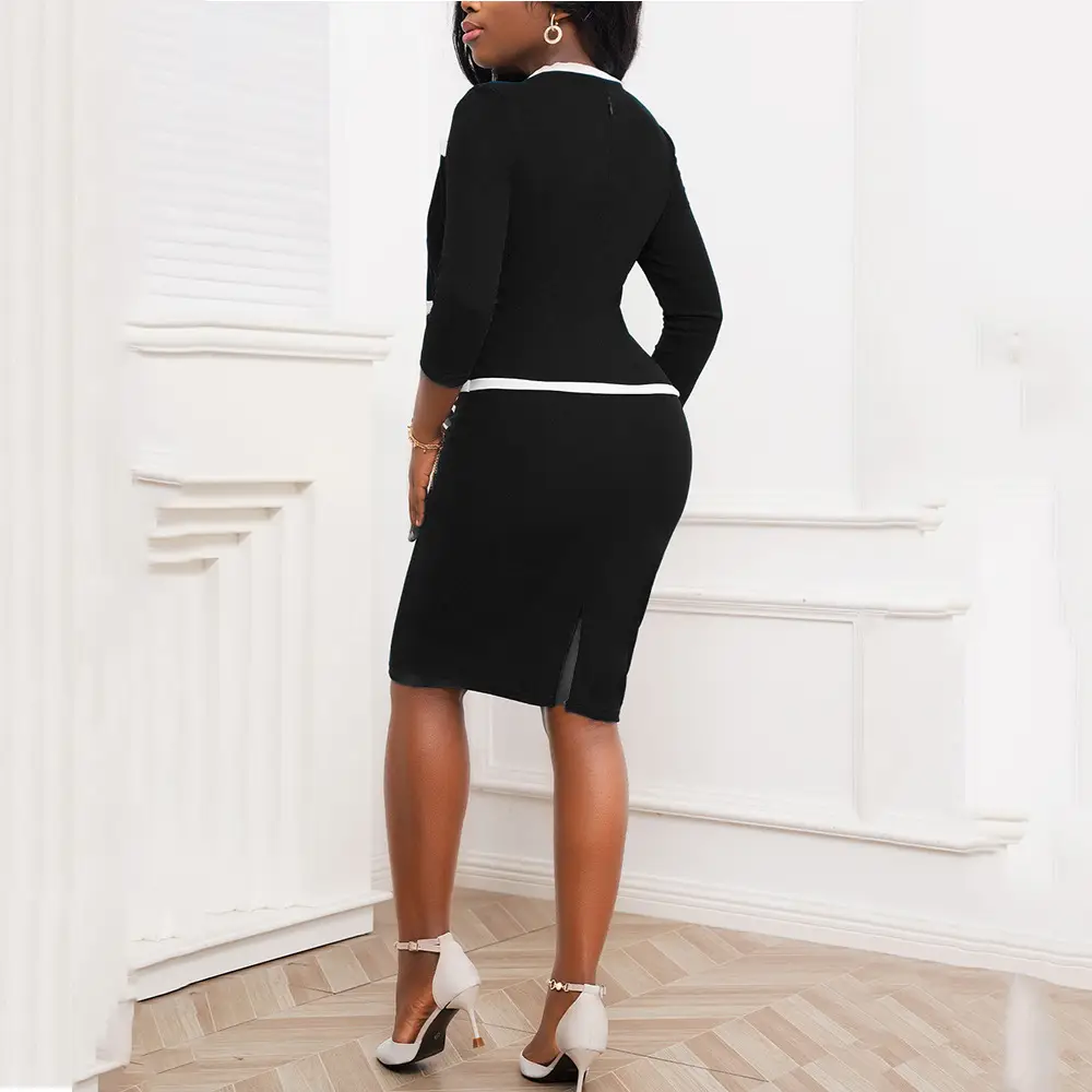 2025 Women's Black Spliced Hip-Cover Dress with 3-QS Sleeve — feature 10