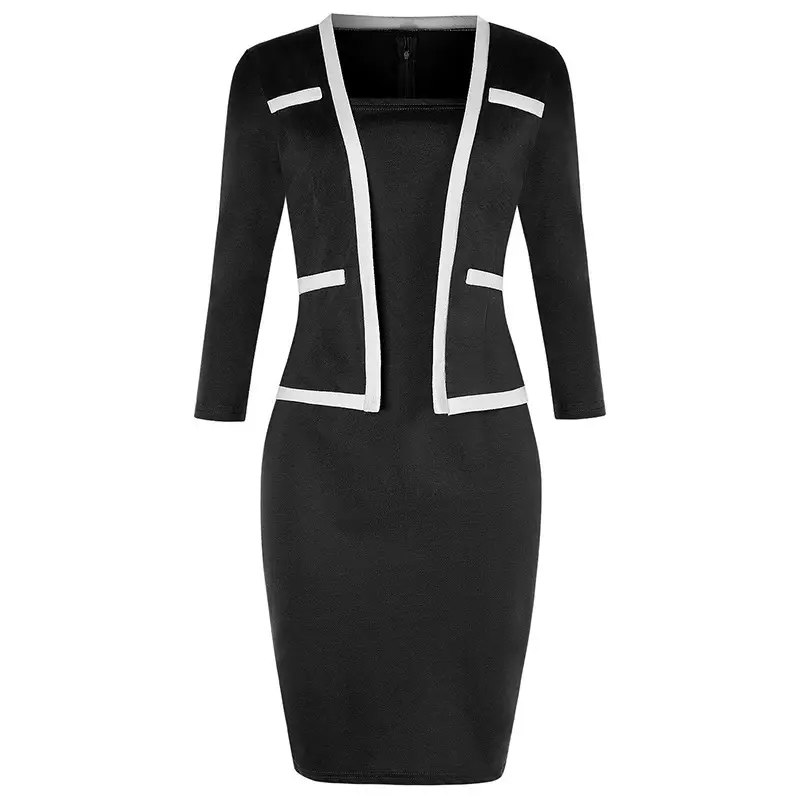 2025 Women's Black Spliced Hip-Cover Dress with 3-QS Sleeve — feature 18