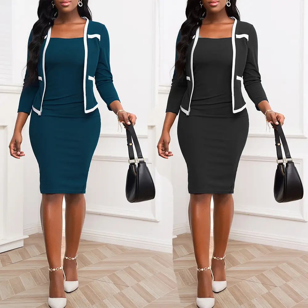 2025 Women's Black Spliced Hip-Cover Dress with 3-QS Sleeve — feature 4