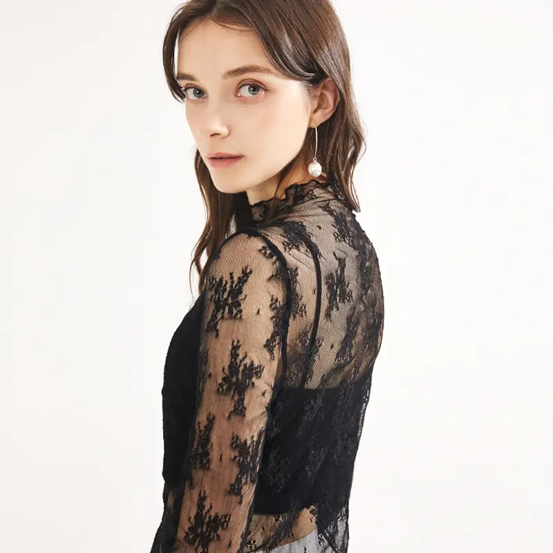 Women's Long Sleeve Mesh Top with Lace Trim - Image 8