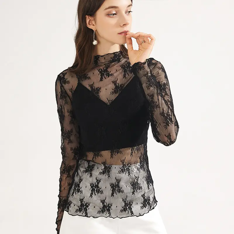 Women's Long Sleeve Mesh Top with Lace Trim - Image 10